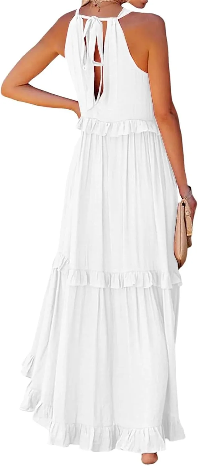 Women Boho Halter Maxi Dress Stretch Pleated Tiered Flowy Long Dress Ruffle Casual Beach Formal Dress Maternity Dress