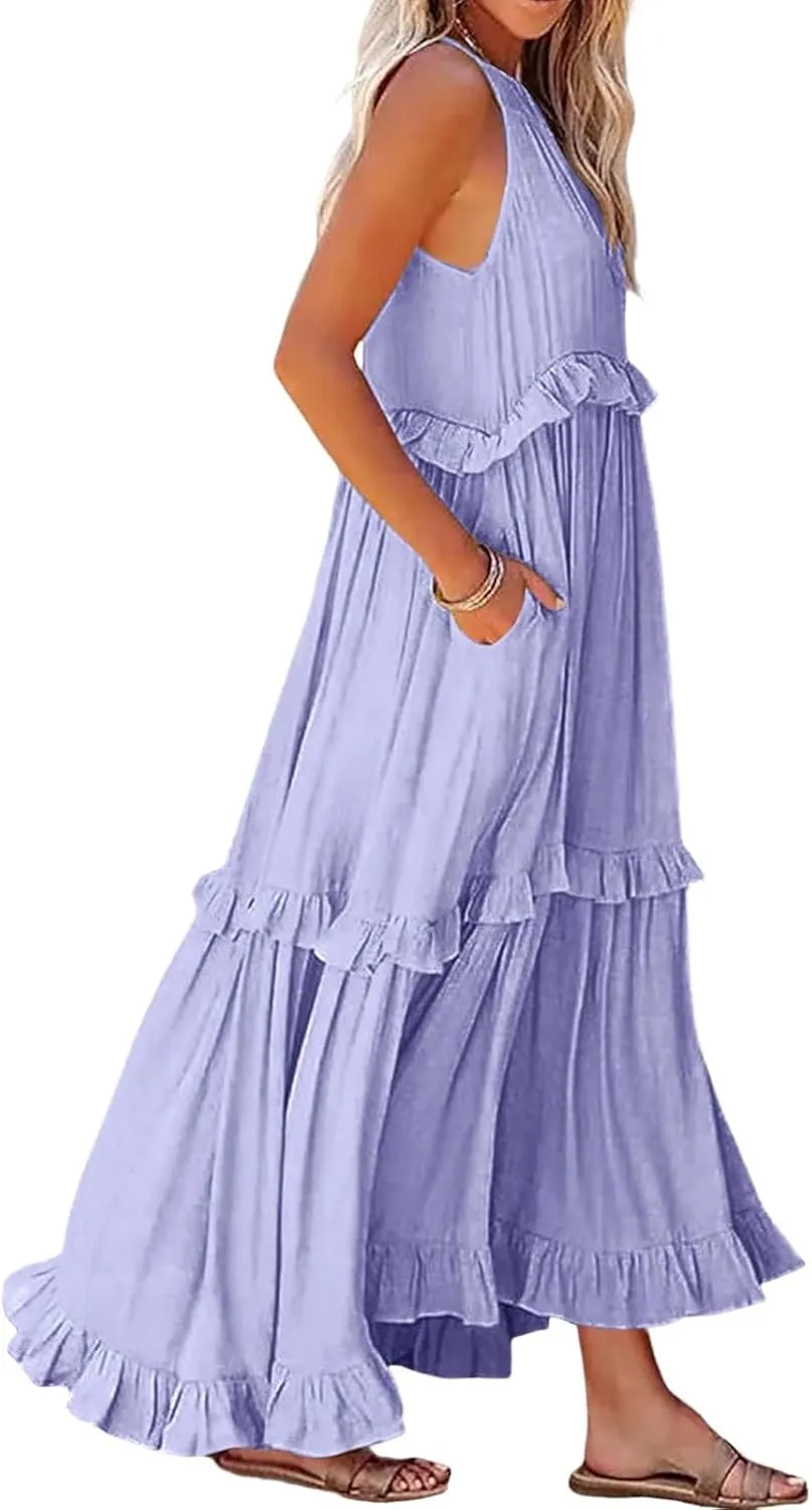 Women Boho Halter Maxi Dress Stretch Pleated Tiered Flowy Long Dress Ruffle Casual Beach Formal Dress Maternity Dress