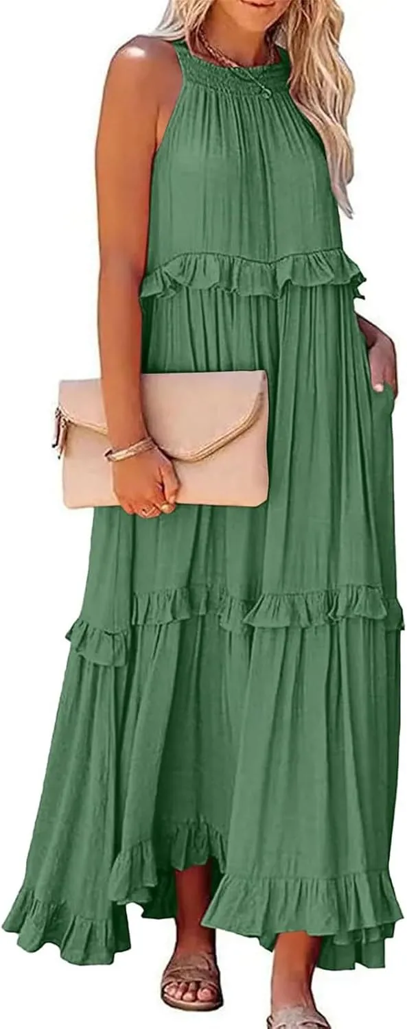 Women Boho Halter Maxi Dress Stretch Pleated Tiered Flowy Long Dress Ruffle Casual Beach Formal Dress Maternity Dress