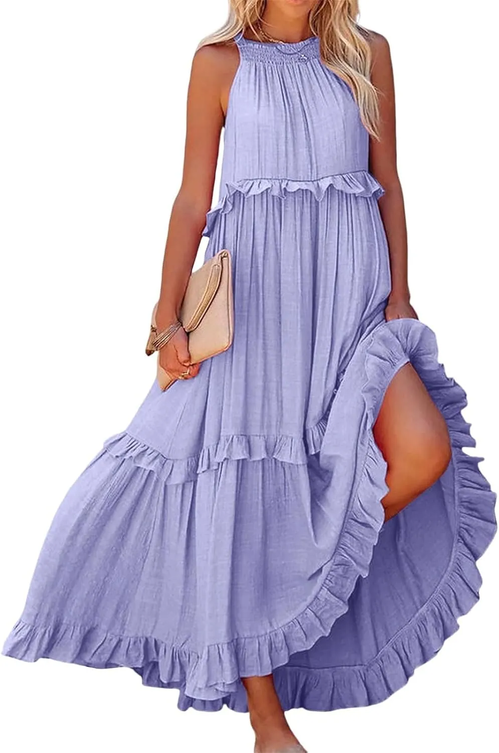 Women Boho Halter Maxi Dress Stretch Pleated Tiered Flowy Long Dress Ruffle Casual Beach Formal Dress Maternity Dress