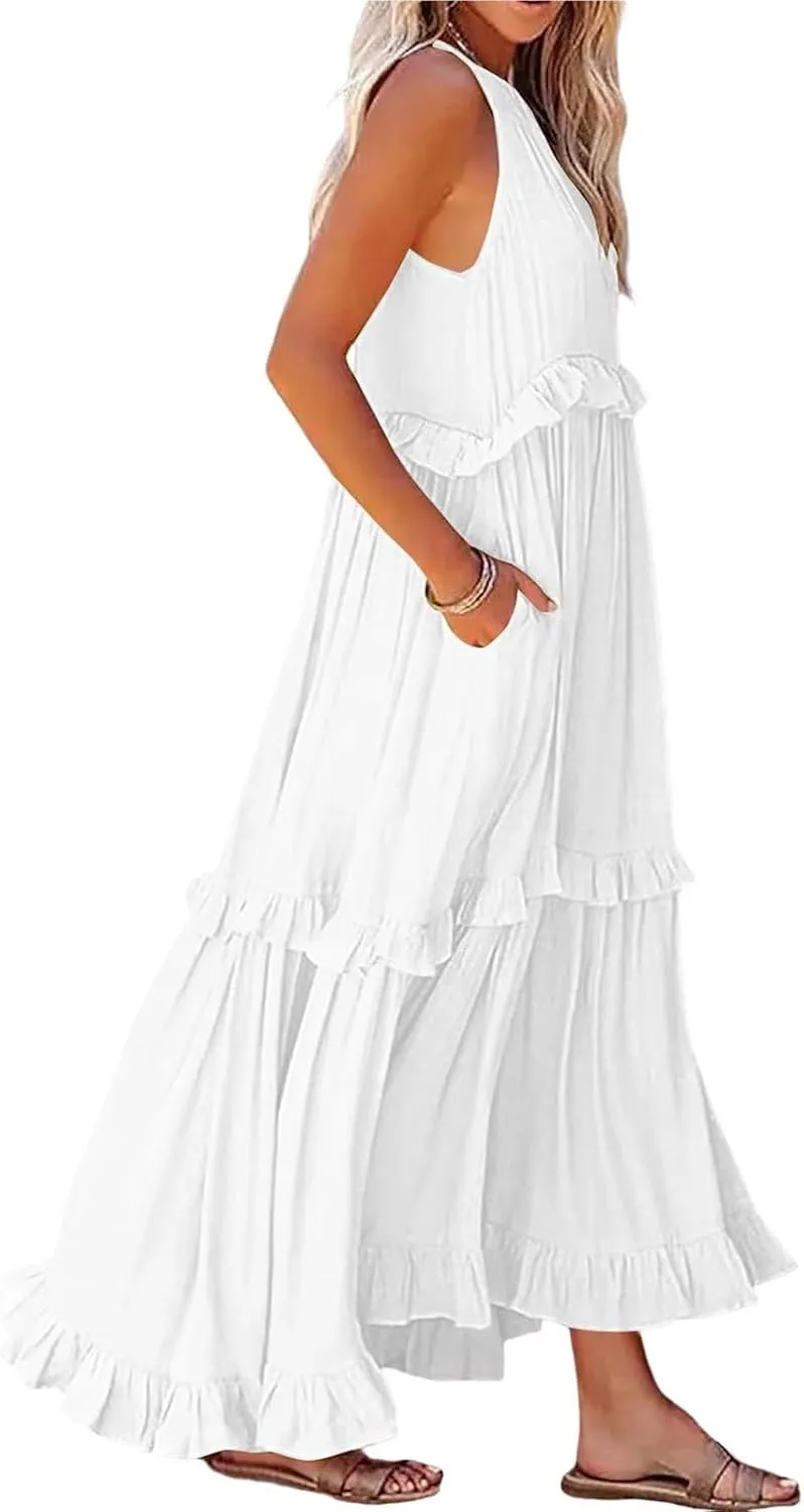 Women Boho Halter Maxi Dress Stretch Pleated Tiered Flowy Long Dress Ruffle Casual Beach Formal Dress Maternity Dress
