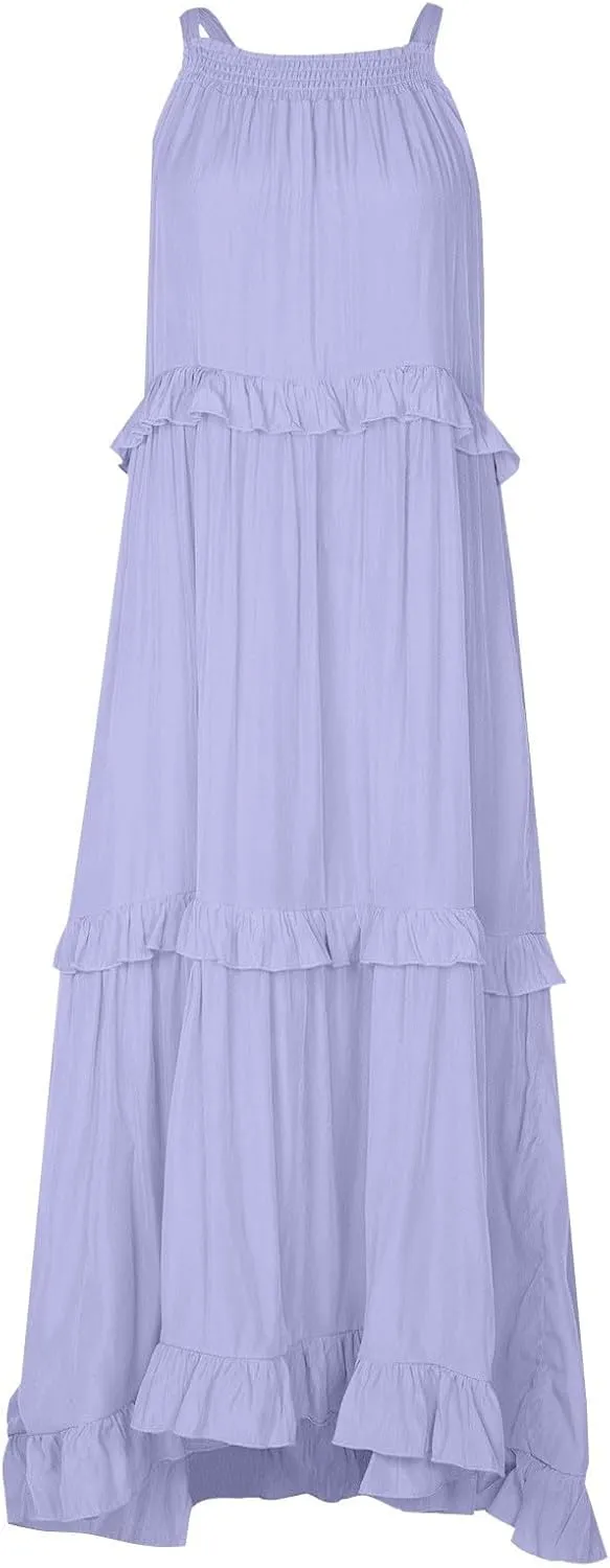 Women Boho Halter Maxi Dress Stretch Pleated Tiered Flowy Long Dress Ruffle Casual Beach Formal Dress Maternity Dress