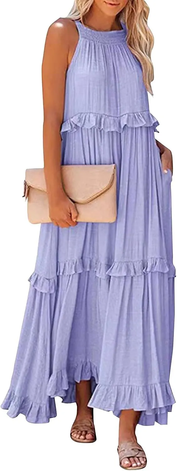 Women Boho Halter Maxi Dress Stretch Pleated Tiered Flowy Long Dress Ruffle Casual Beach Formal Dress Maternity Dress