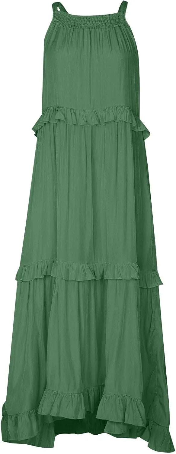 Women Boho Halter Maxi Dress Stretch Pleated Tiered Flowy Long Dress Ruffle Casual Beach Formal Dress Maternity Dress