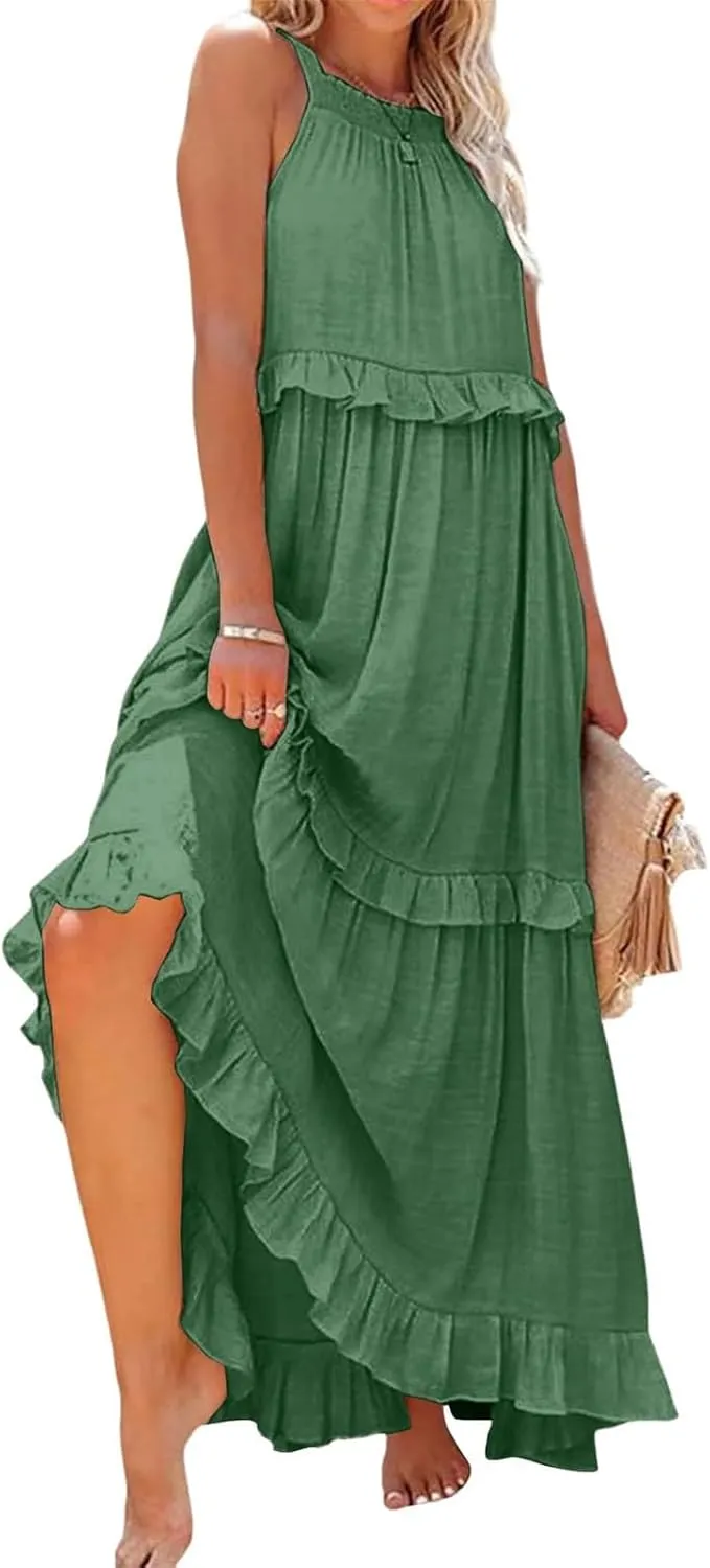 Women Boho Halter Maxi Dress Stretch Pleated Tiered Flowy Long Dress Ruffle Casual Beach Formal Dress Maternity Dress