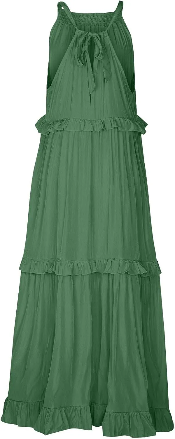 Women Boho Halter Maxi Dress Stretch Pleated Tiered Flowy Long Dress Ruffle Casual Beach Formal Dress Maternity Dress