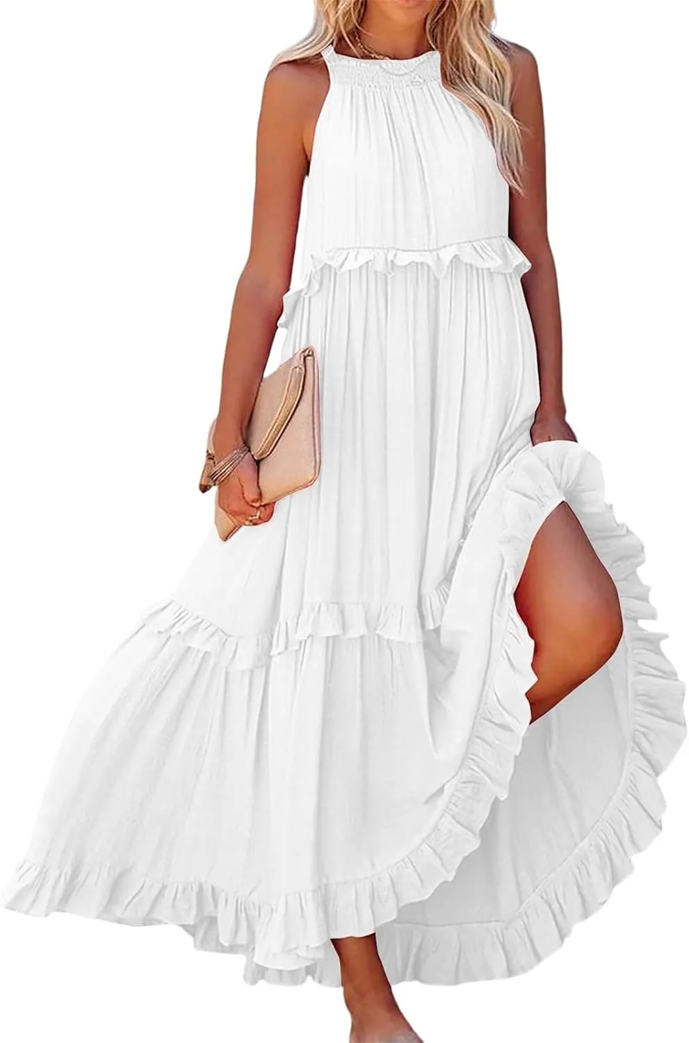 Women Boho Halter Maxi Dress Stretch Pleated Tiered Flowy Long Dress Ruffle Casual Beach Formal Dress Maternity Dress