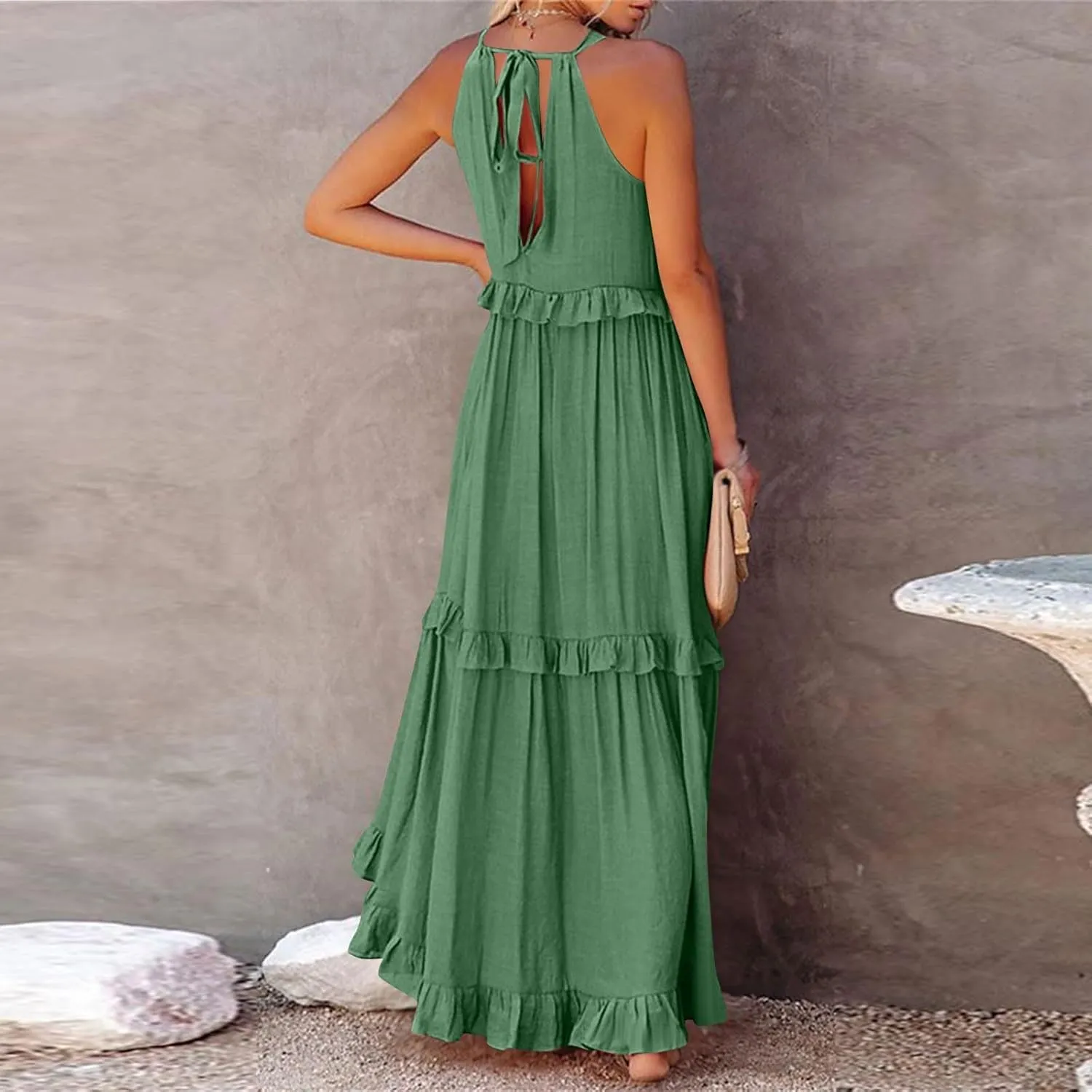Women Boho Halter Maxi Dress Stretch Pleated Tiered Flowy Long Dress Ruffle Casual Beach Formal Dress Maternity Dress