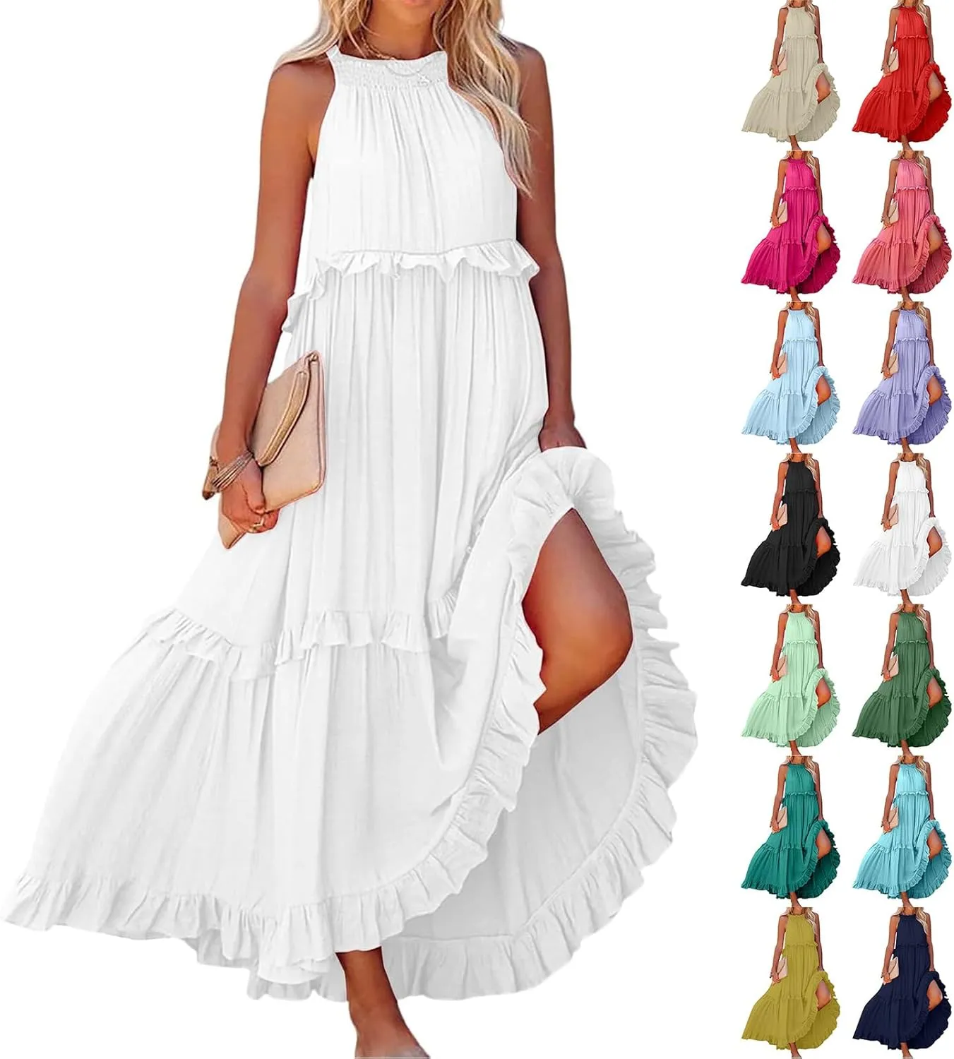 Women Boho Halter Maxi Dress Stretch Pleated Tiered Flowy Long Dress Ruffle Casual Beach Formal Dress Maternity Dress