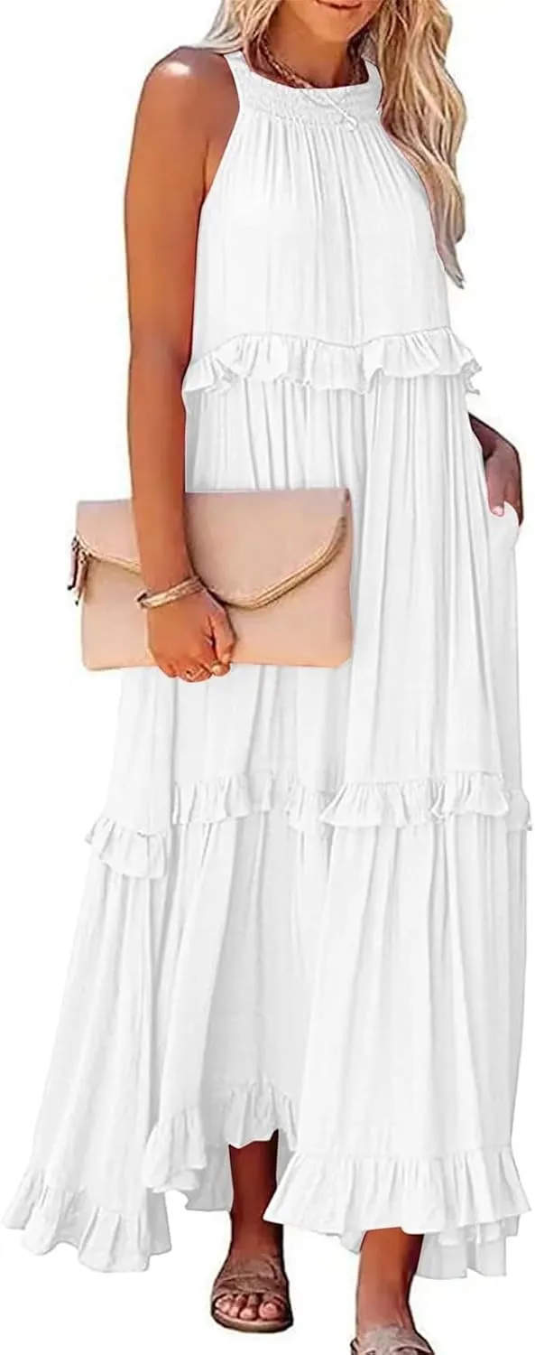 Women Boho Halter Maxi Dress Stretch Pleated Tiered Flowy Long Dress Ruffle Casual Beach Formal Dress Maternity Dress