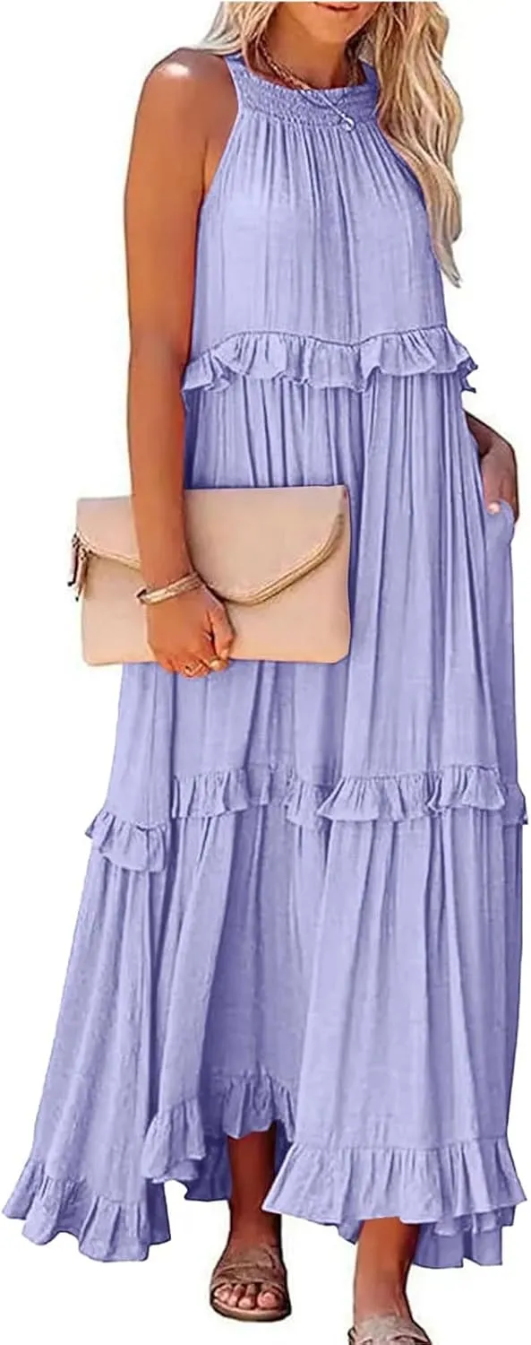 Women Boho Halter Maxi Dress Stretch Pleated Tiered Flowy Long Dress Ruffle Casual Beach Formal Dress Maternity Dress