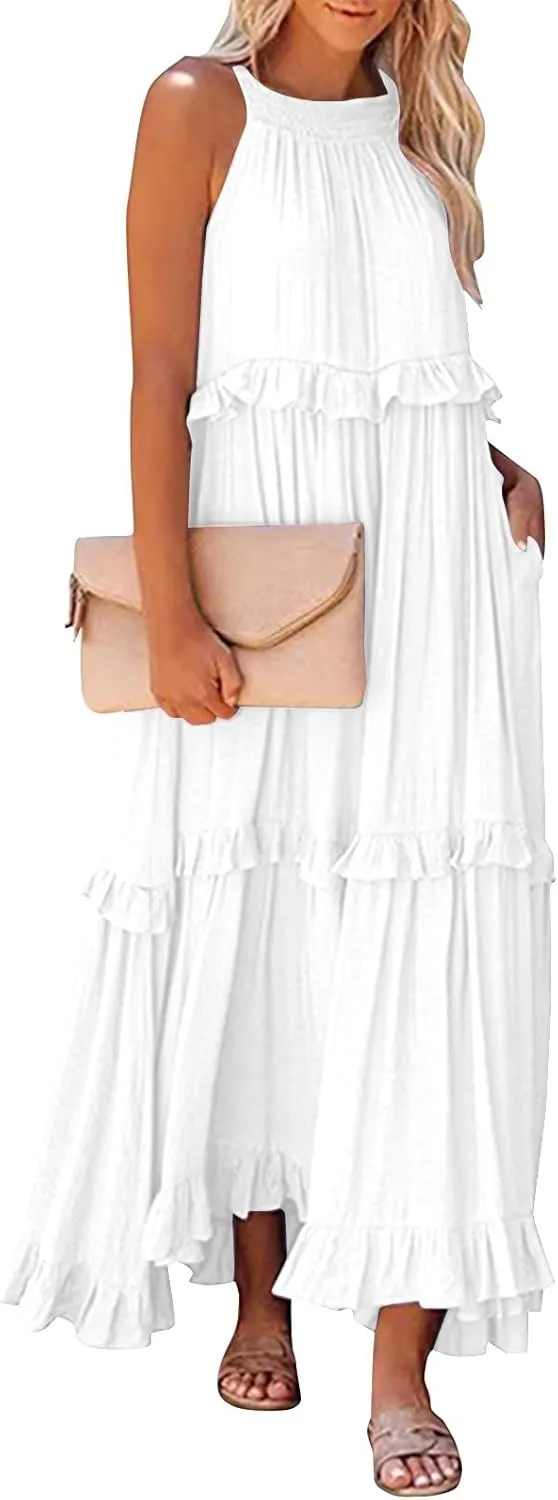 Women Boho Halter Maxi Dress Stretch Pleated Tiered Flowy Long Dress Ruffle Casual Beach Formal Dress Maternity Dress