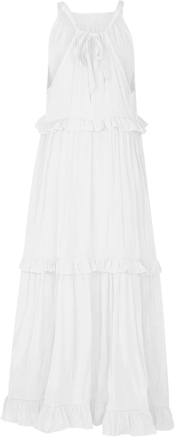 Women Boho Halter Maxi Dress Stretch Pleated Tiered Flowy Long Dress Ruffle Casual Beach Formal Dress Maternity Dress
