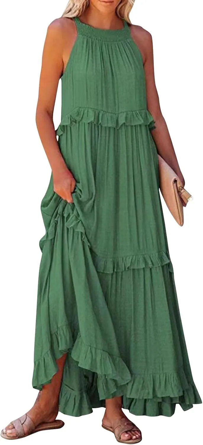 Women Boho Halter Maxi Dress Stretch Pleated Tiered Flowy Long Dress Ruffle Casual Beach Formal Dress Maternity Dress