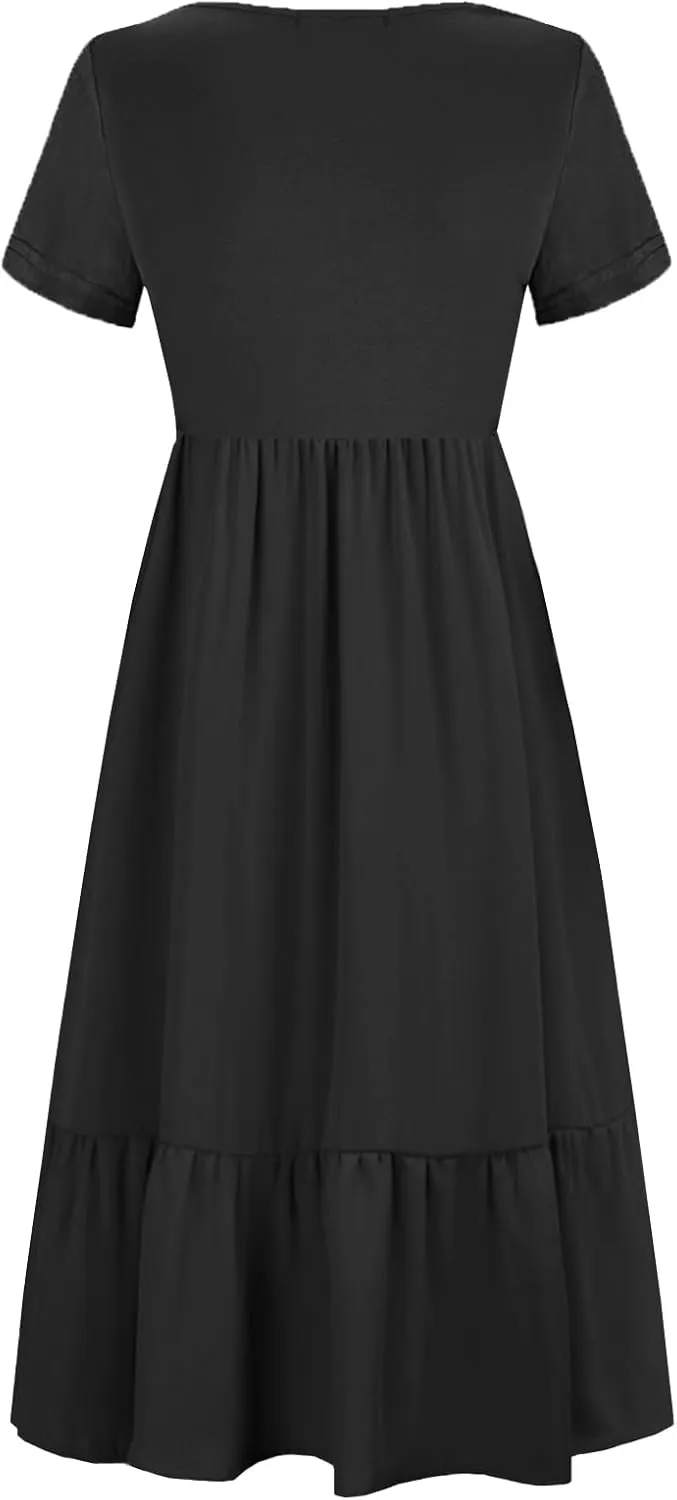 Women Nursing Short Sleeve Crew Neck Fall Dress Maternity Flowy Maxi Dresses Tiered Cocktail Dress with Pockets