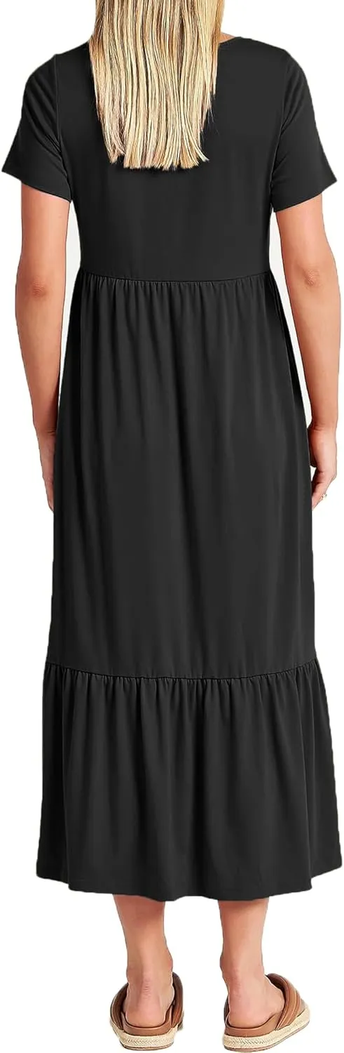 Women Nursing Short Sleeve Crew Neck Fall Dress Maternity Flowy Maxi Dresses Tiered Cocktail Dress with Pockets