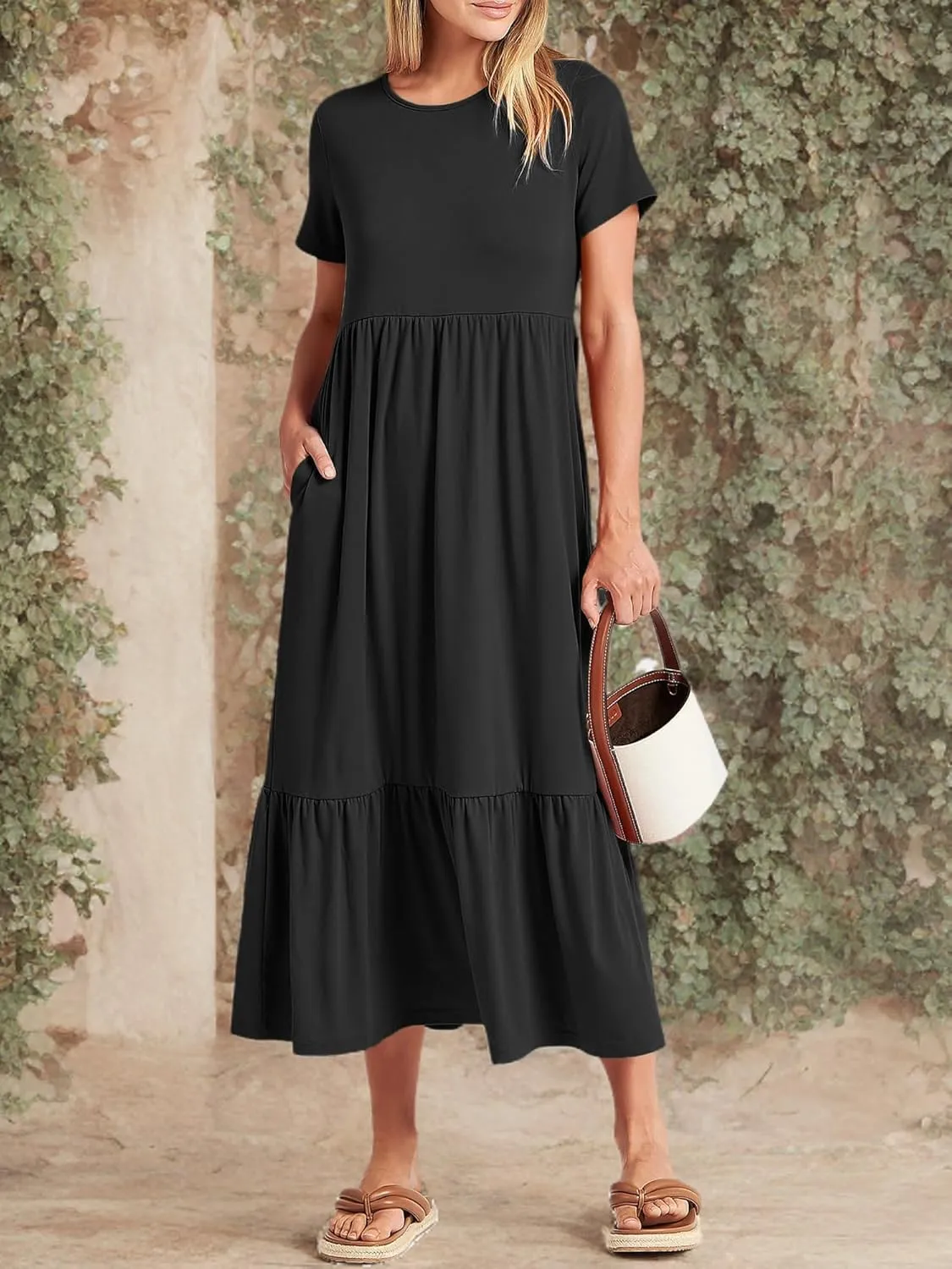 Women Nursing Short Sleeve Crew Neck Fall Dress Maternity Flowy Maxi Dresses Tiered Cocktail Dress with Pockets