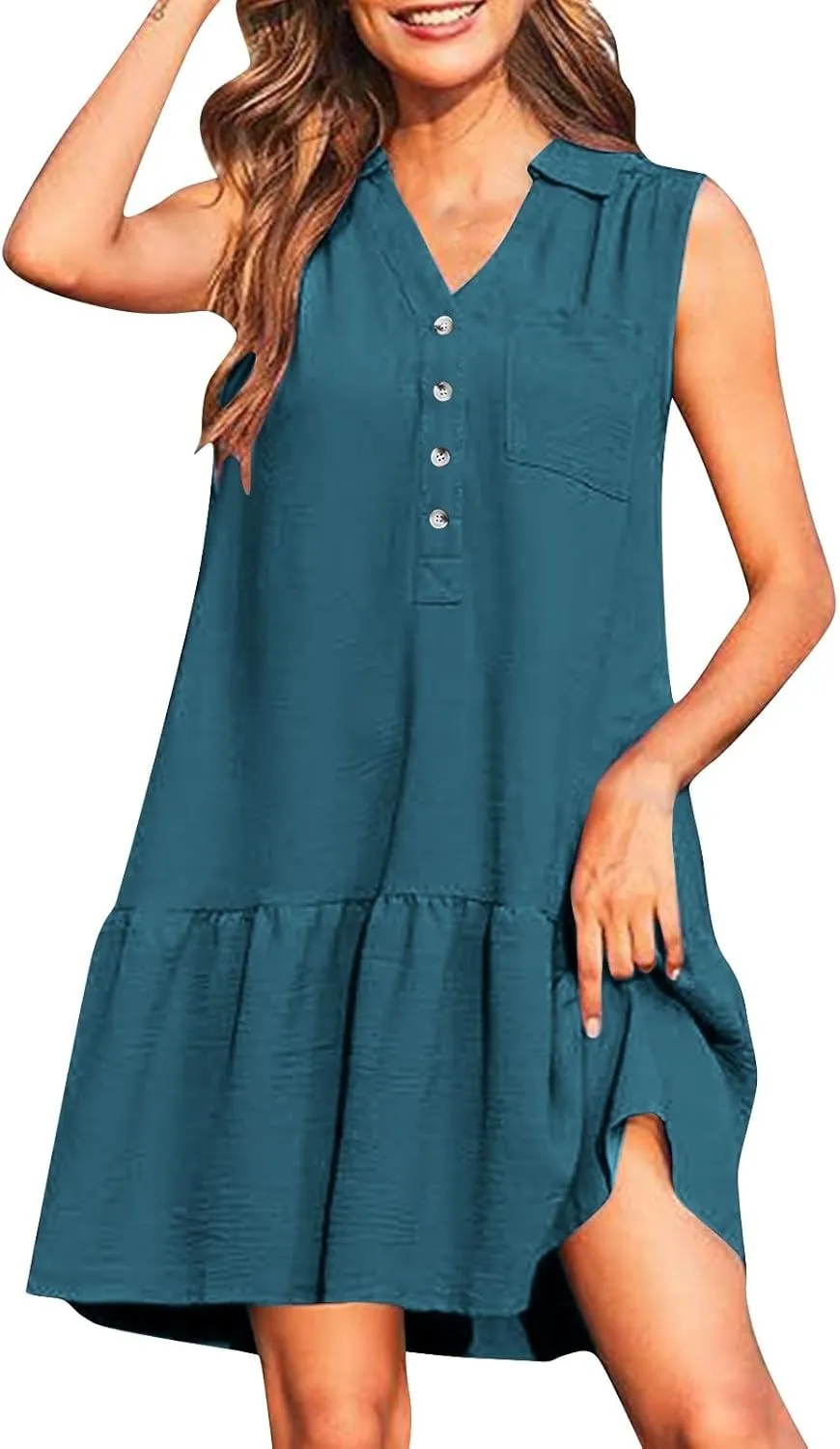 Women Summer Button Shirt Dress Ruched V Neck Sleeveless Sundress with Pocket Loose Casual Vacation Dress 2025