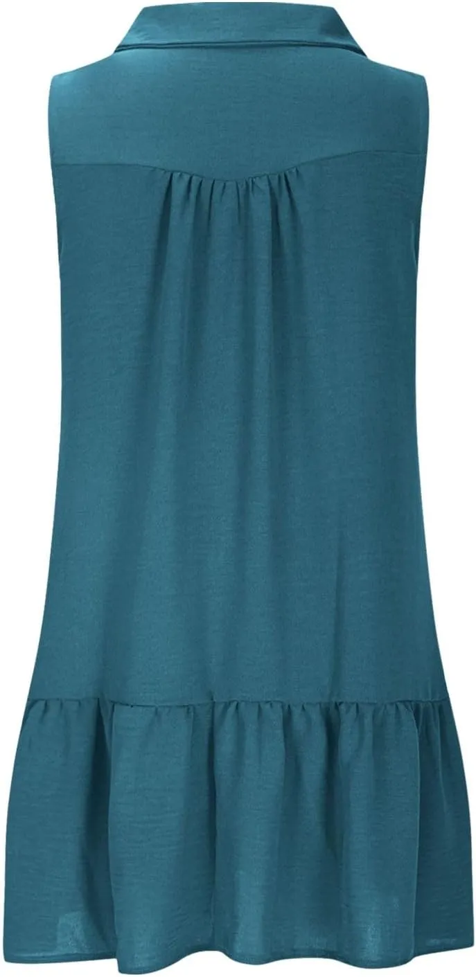 Women Summer Button Shirt Dress Ruched V Neck Sleeveless Sundress with Pocket Loose Casual Vacation Dress 2025