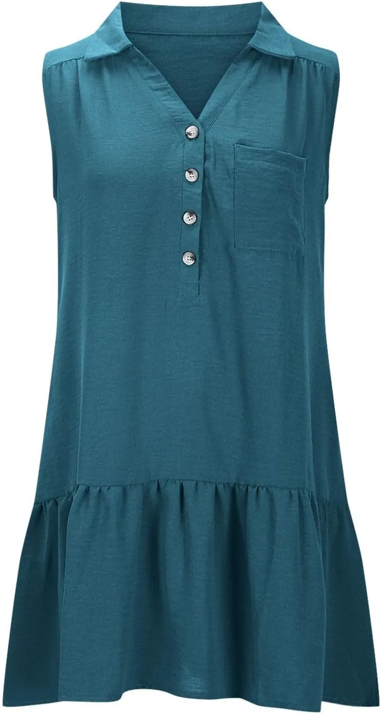 Women Summer Button Shirt Dress Ruched V Neck Sleeveless Sundress with Pocket Loose Casual Vacation Dress 2025