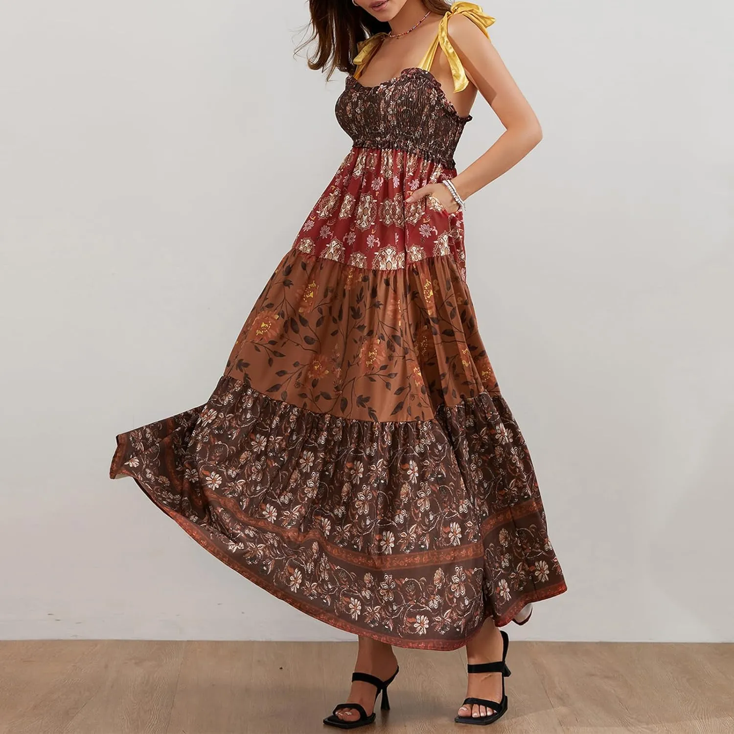 Women Summer Maxi Dress Floral Smocked Shirred Long Dress Boho Sleeveless Tie Shoulder Sundress