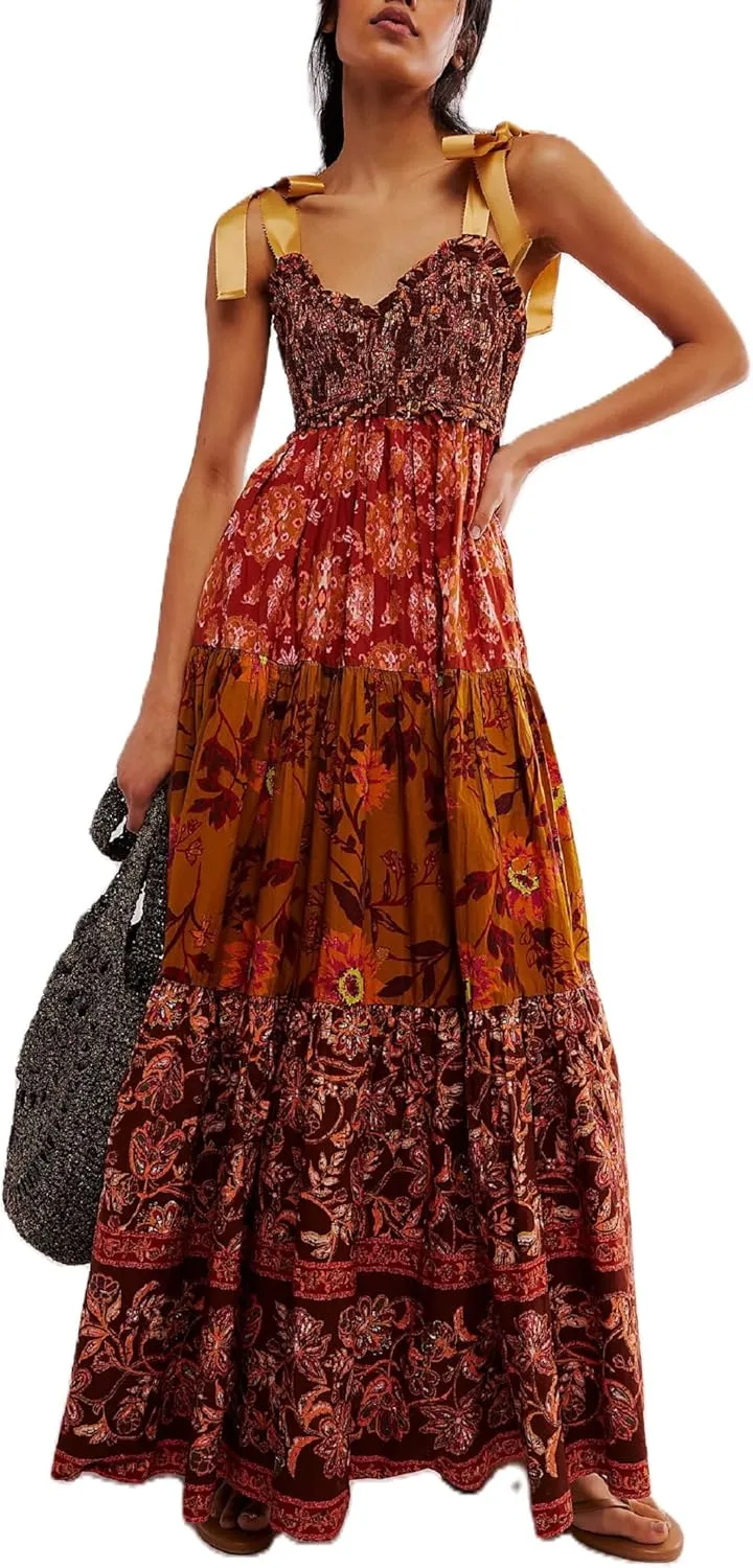 Women Summer Maxi Dress Floral Smocked Shirred Long Dress Boho Sleeveless Tie Shoulder Sundress