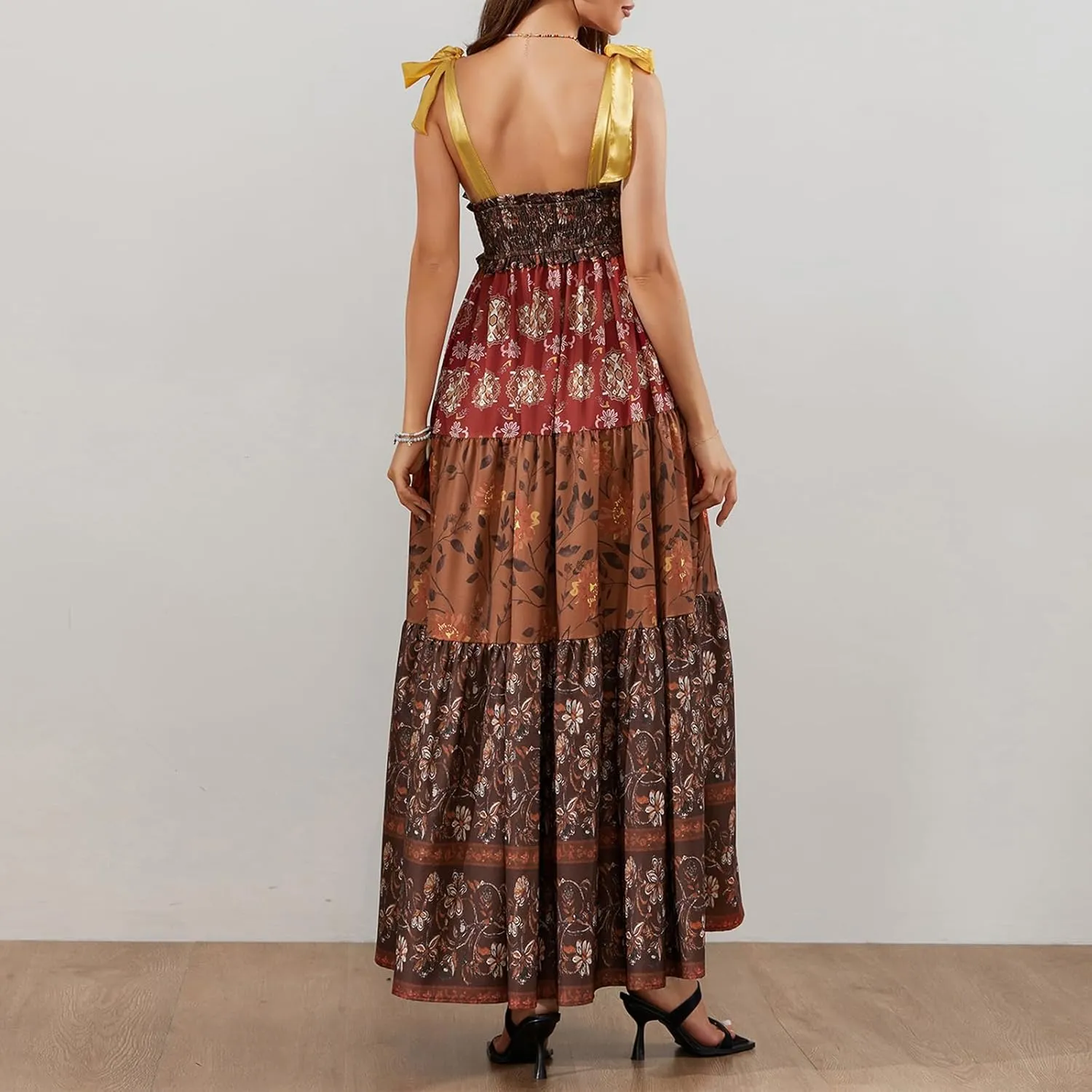 Women Summer Maxi Dress Floral Smocked Shirred Long Dress Boho Sleeveless Tie Shoulder Sundress