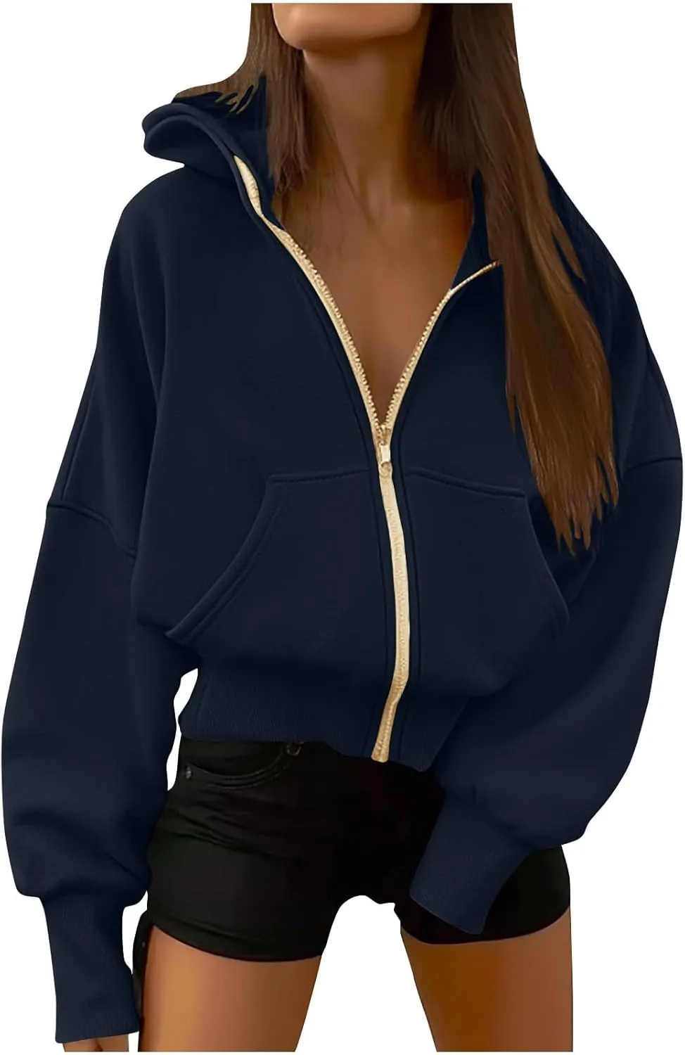 Women Trendy Cropped Hoodie Drop-shoulder Sleeve Fleece Sweatshirt Solid Color Full-zip Pullover Casual Fall Outfit