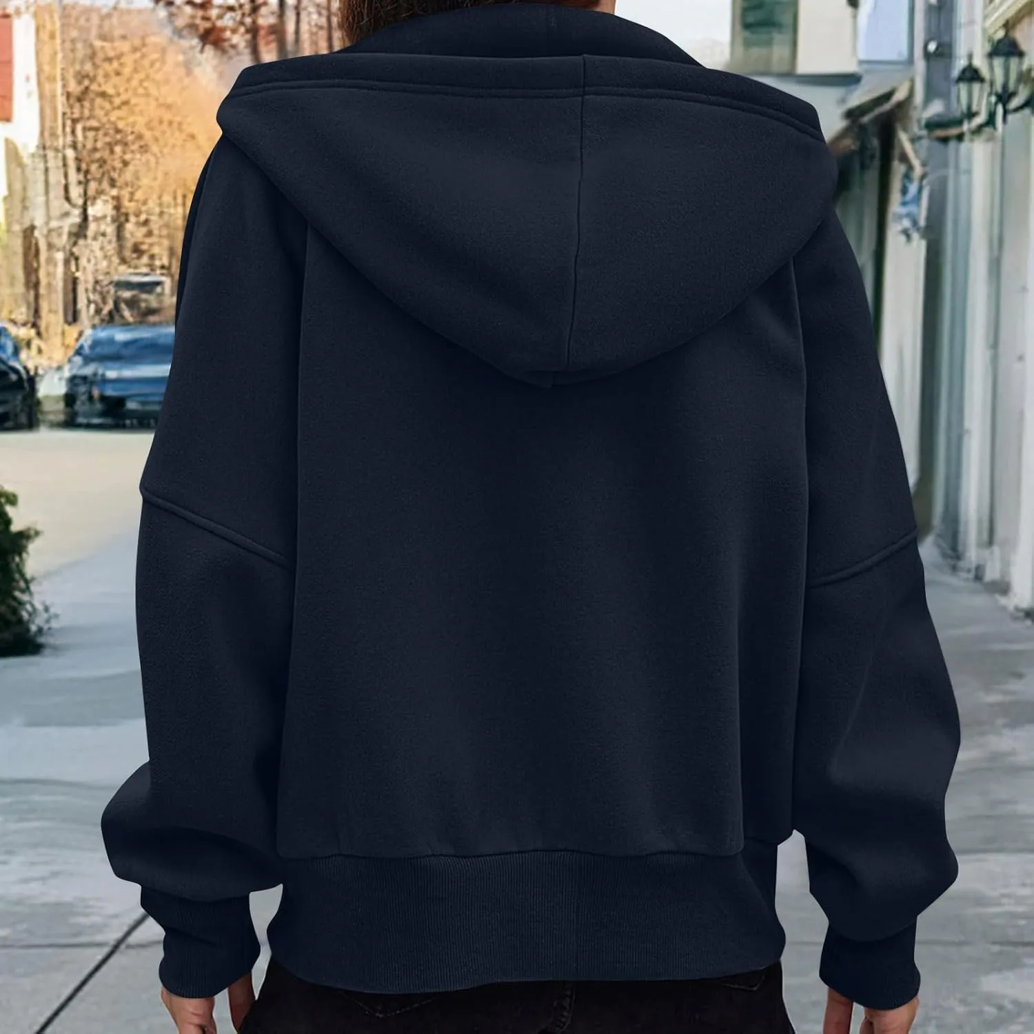Women Trendy Cropped Hoodie Drop-shoulder Sleeve Fleece Sweatshirt Solid Color Full-zip Pullover Casual Fall Outfit