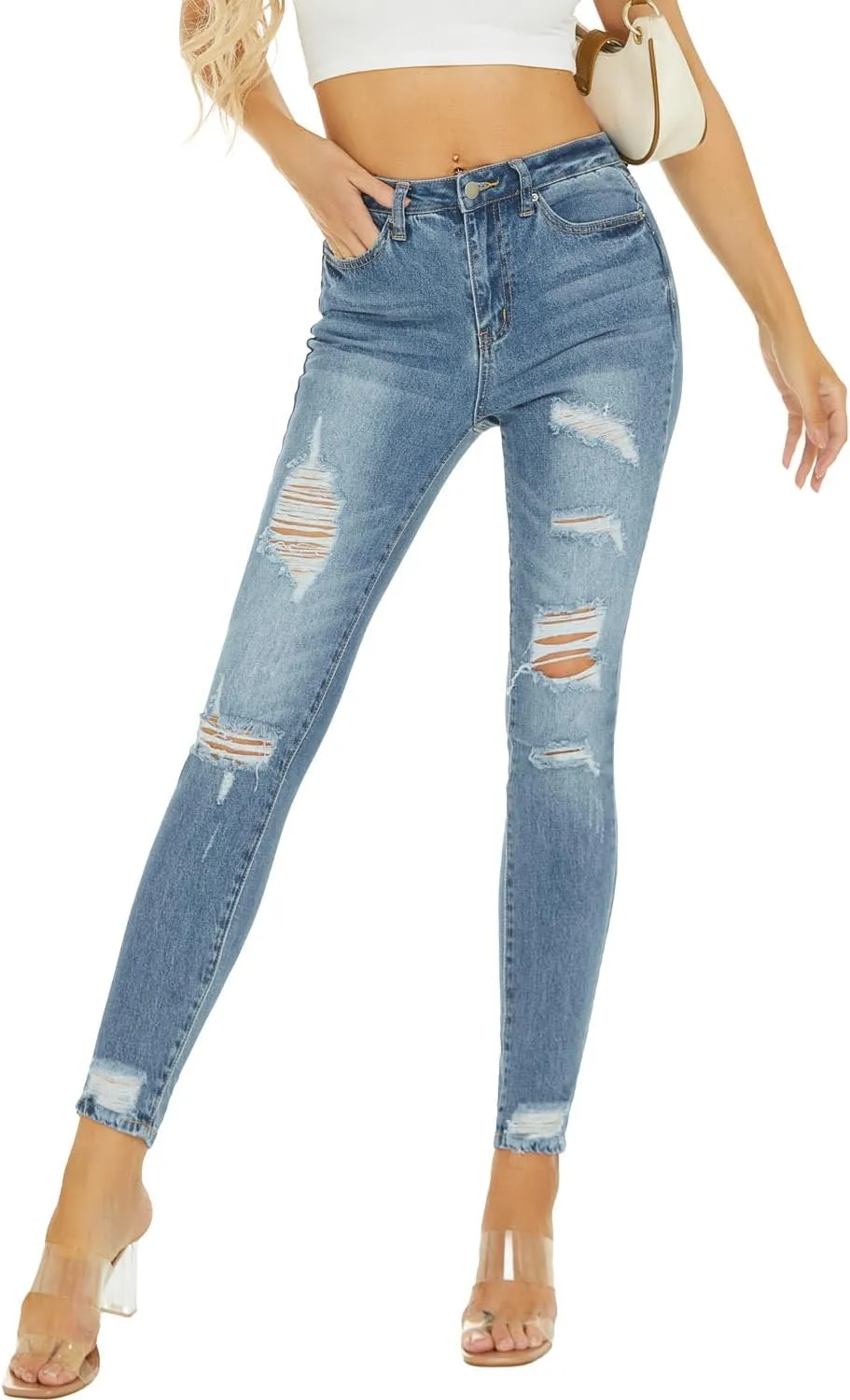 Women Trendy High Waisted Ripped Jeans Fashion Stretchy Skinny Distressed Cropped Denim Pants Tummy Jean Trouser