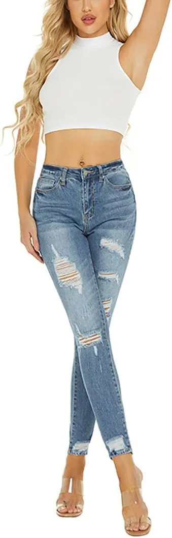 Women Trendy High Waisted Ripped Jeans Fashion Stretchy Skinny Distressed Cropped Denim Pants Tummy Jean Trouser