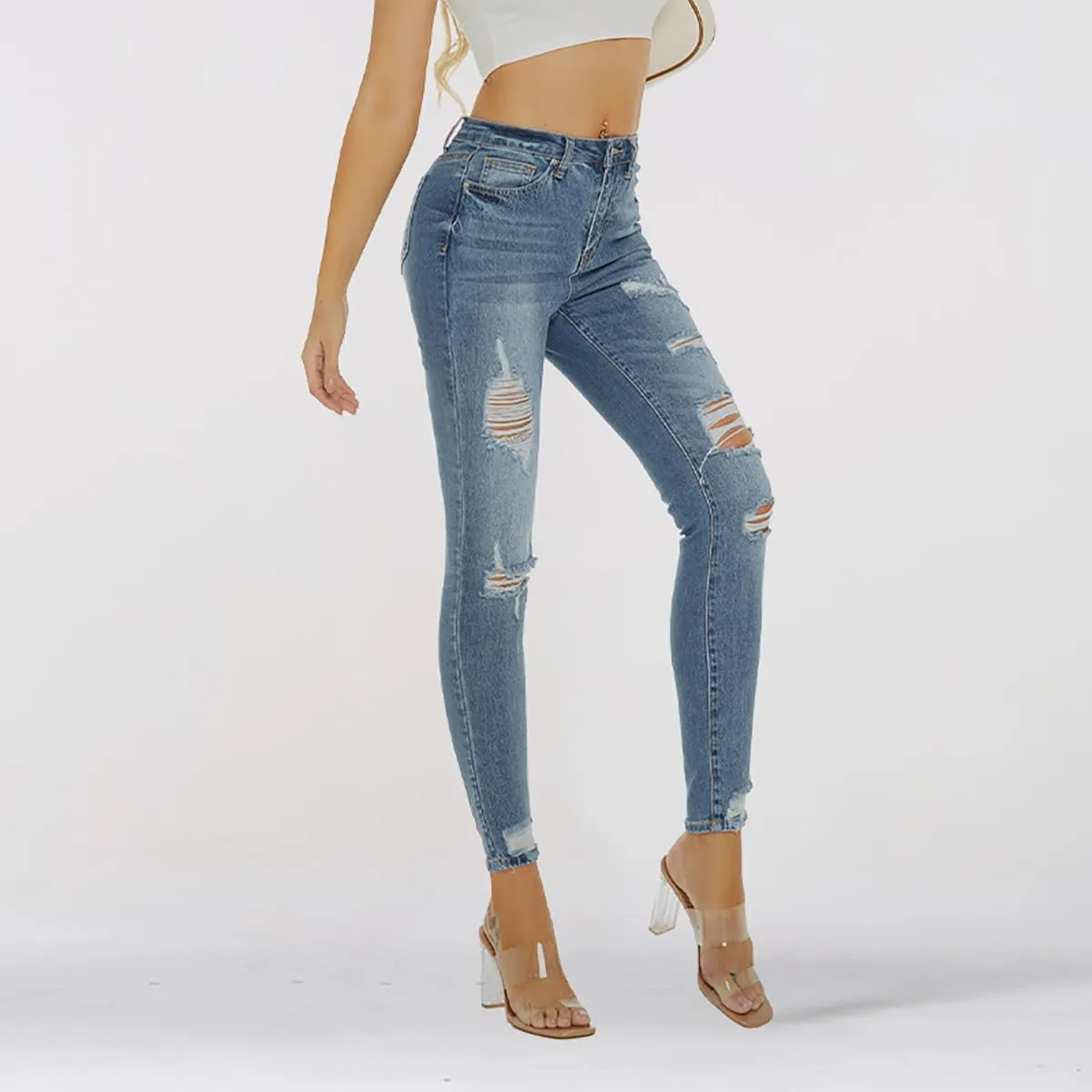 Women Trendy High Waisted Ripped Jeans Fashion Stretchy Skinny Distressed Cropped Denim Pants Tummy Jean Trouser