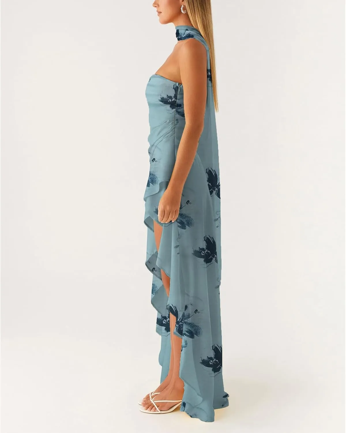 Women Y2k High Slit Maxi Dress Ruffle Floral Ptint Backless Sleeveless Strapless Dresses Sexy Mesh Bodycon Sundress