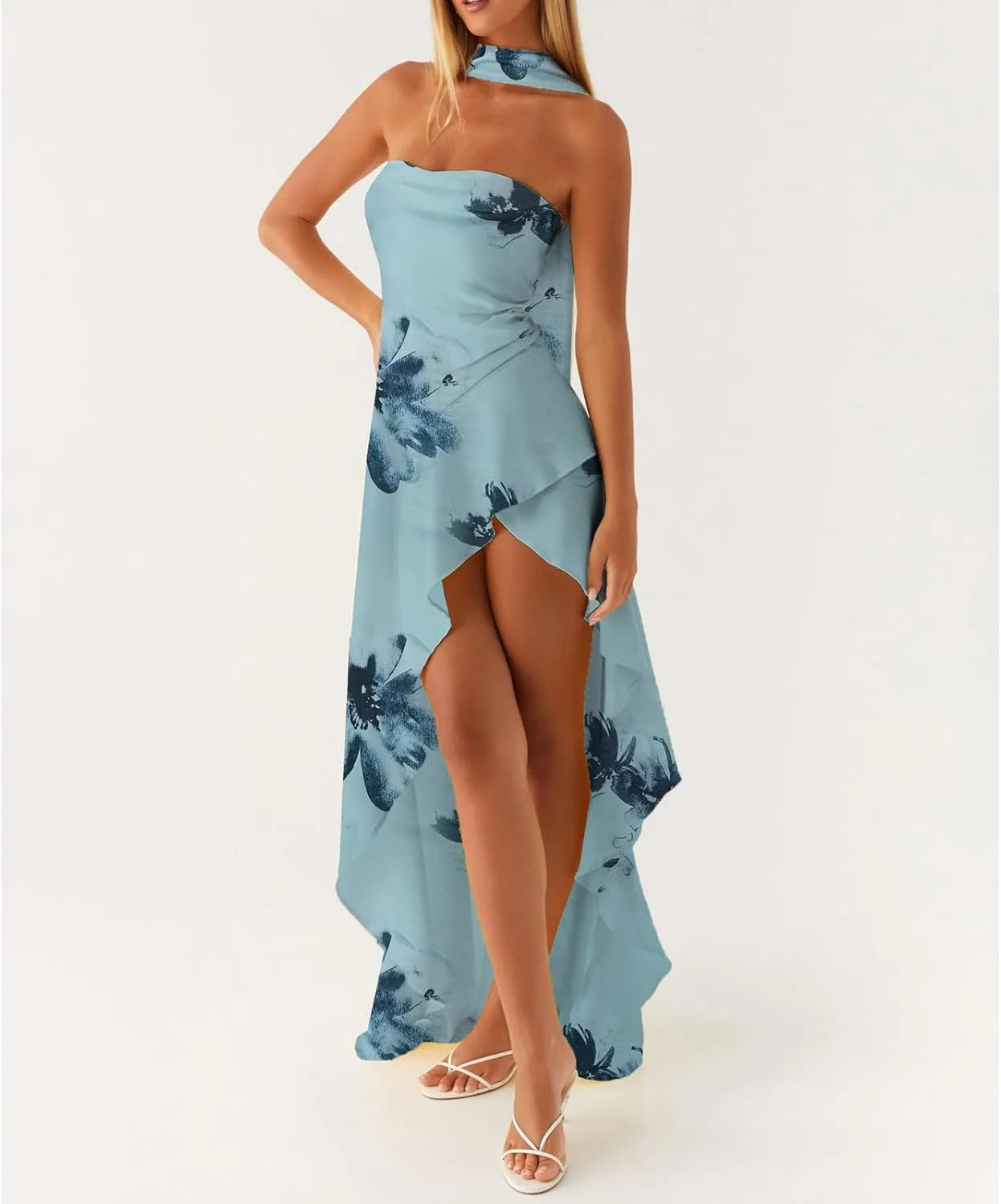 Women Y2k High Slit Maxi Dress Ruffle Floral Ptint Backless Sleeveless Strapless Dresses Sexy Mesh Bodycon Sundress