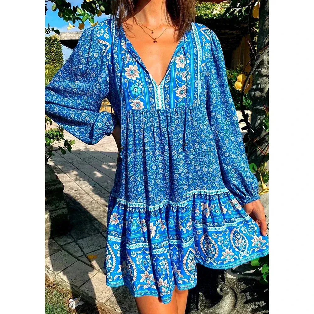 Women's Boho Floral Tie-Front Dress