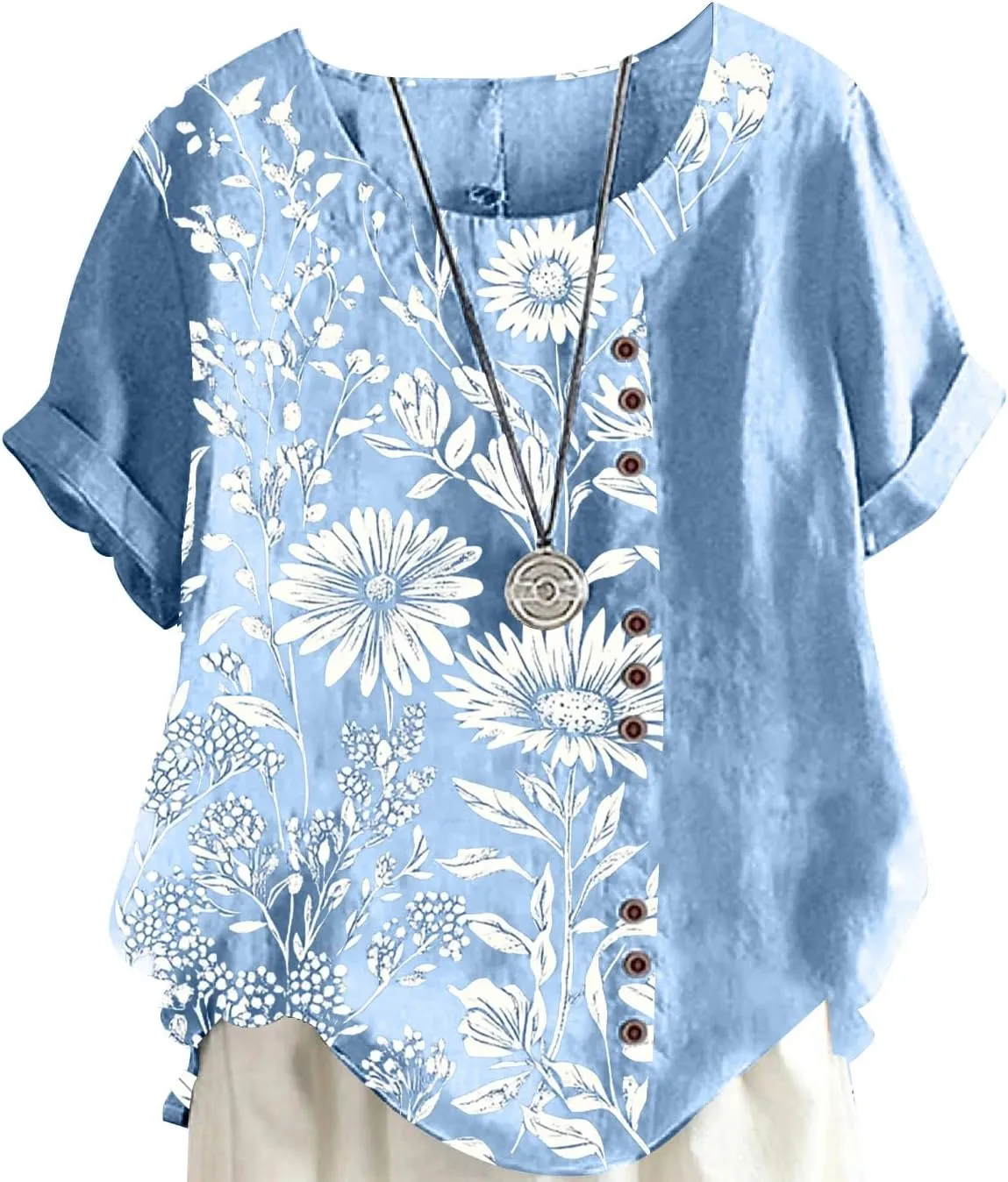 Women's Boho Style Floral Printed Cotton Linen Tops Ladies Crewneck Button Blouse Summer Casual Tee Shirt