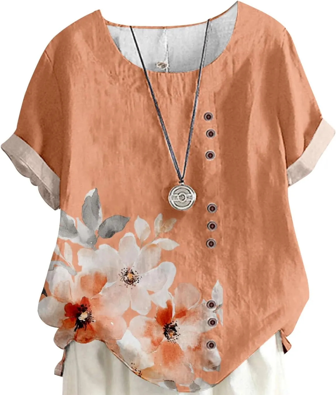 Women's Boho Style Floral Printed Cotton Linen Tops Ladies Crewneck Button Blouse Summer Casual Tee Shirt