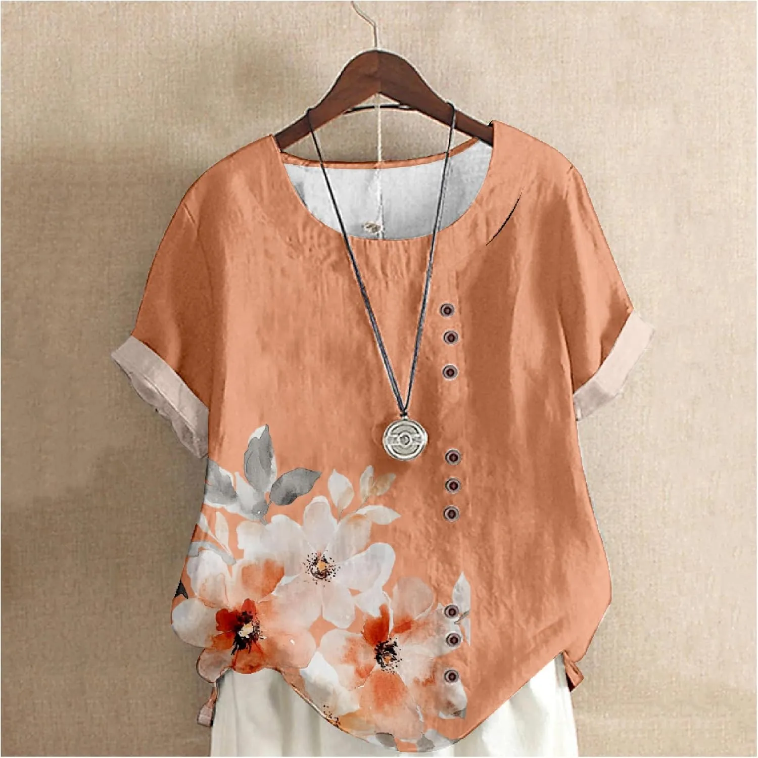 Women's Boho Style Floral Printed Cotton Linen Tops Ladies Crewneck Button Blouse Summer Casual Tee Shirt