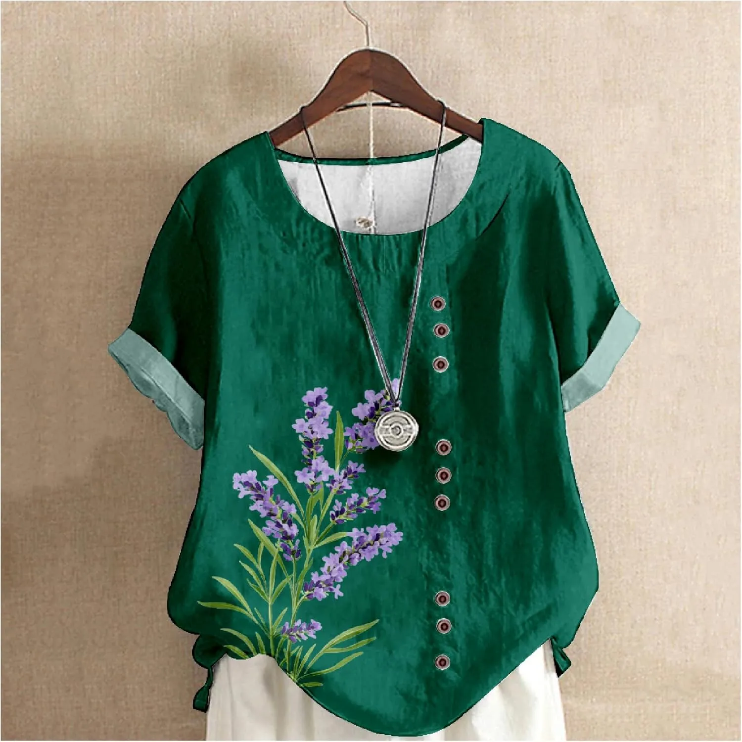 Women's Boho Style Floral Printed Cotton Linen Tops Ladies Crewneck Button Blouse Summer Casual Tee Shirt