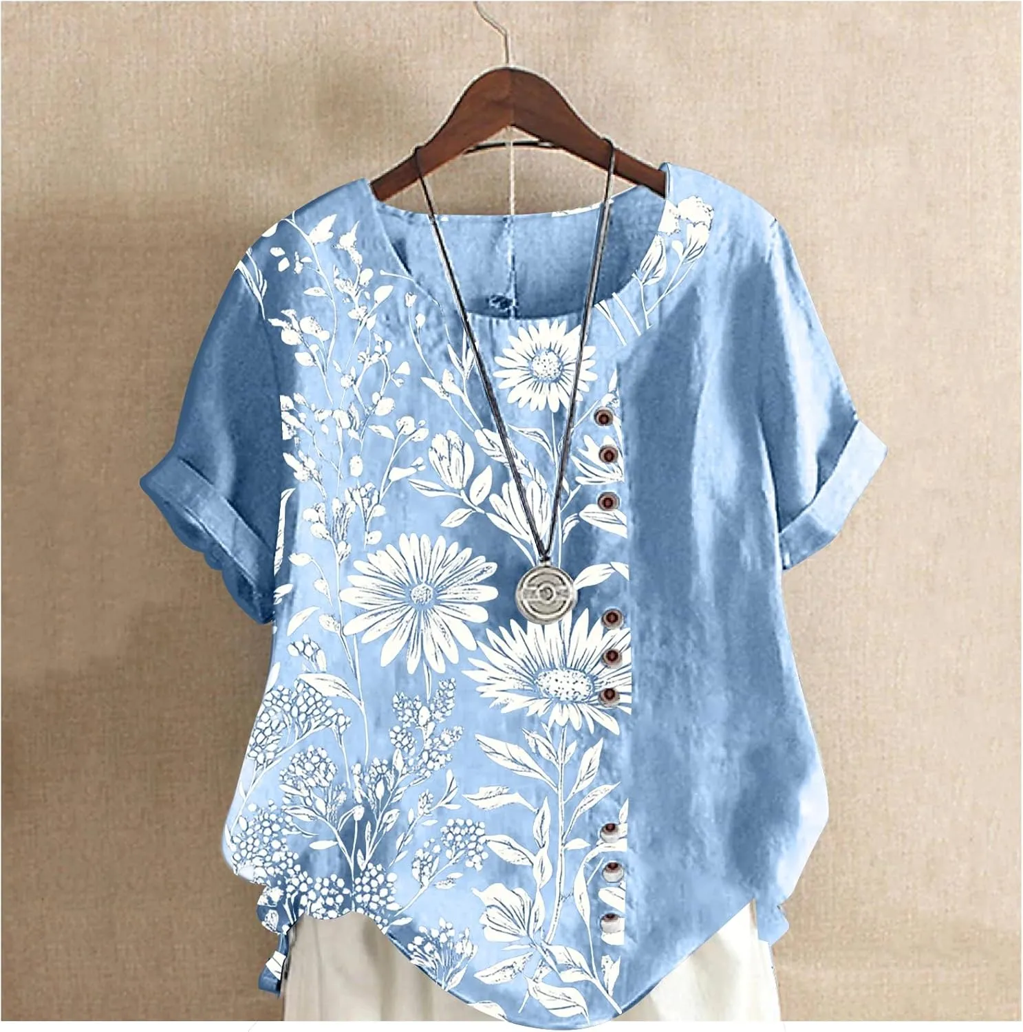 Women's Boho Style Floral Printed Cotton Linen Tops Ladies Crewneck Button Blouse Summer Casual Tee Shirt