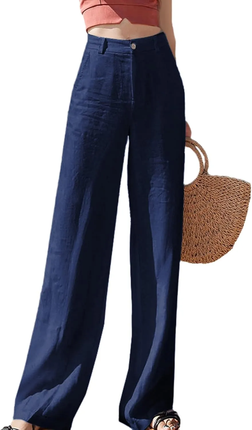 Womens Casual High Waist Pants Cotton Linen Wide Leg Pants Botton Up Palazzo Trousers