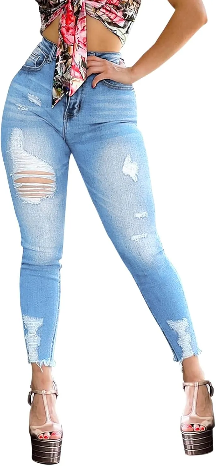 Womens Classic High Waisted Skinny Stretch Butt Lifting Jeans Slim Fit Denim Pants Ripped Jeans Destroyed Denim Pants
