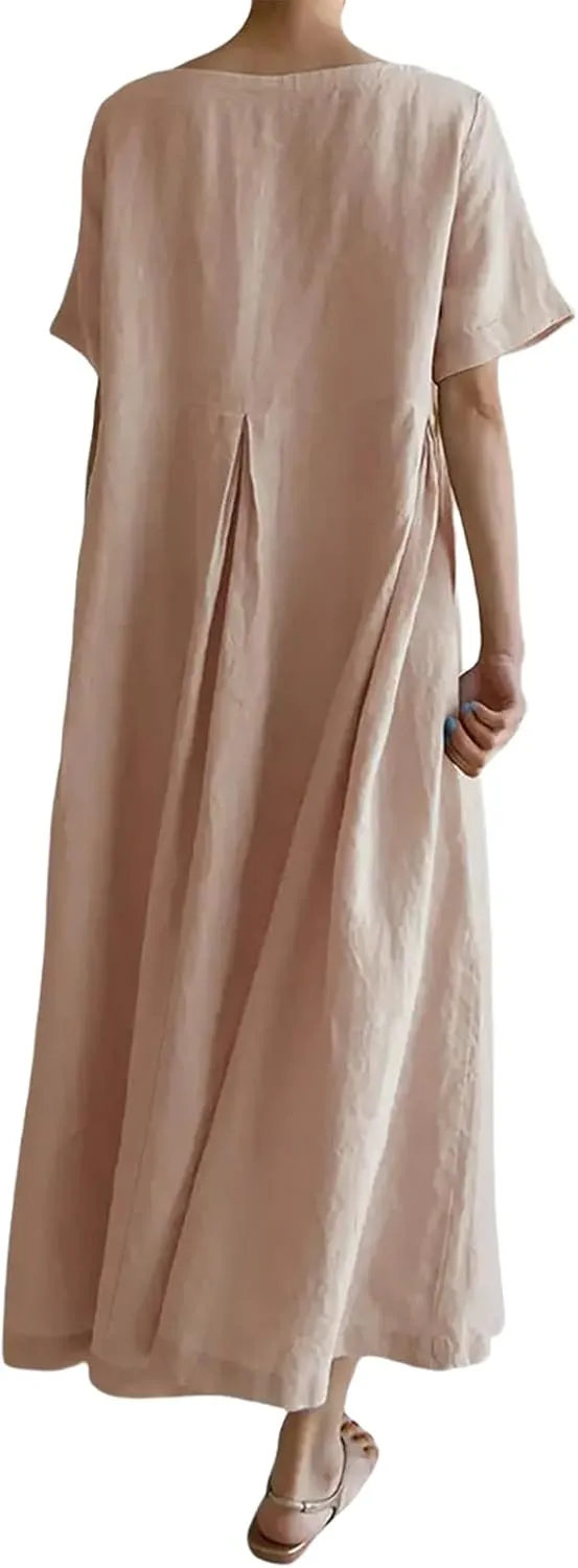 Women's Cotton Linen Dress Casual Crew Neck Short Sleeve Flowy Ruffle Hem Flowy Maxi Dress with Pockets