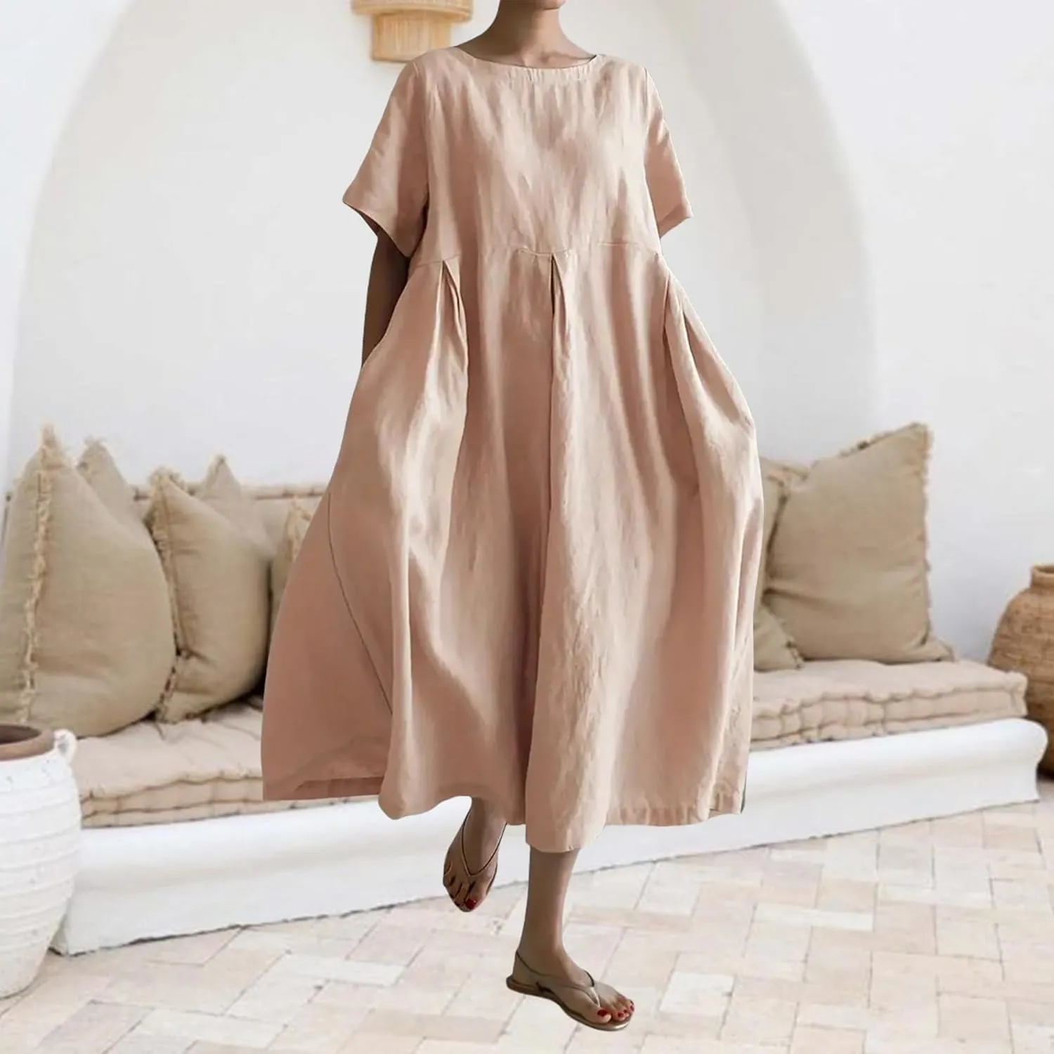 Women's Cotton Linen Dress Casual Crew Neck Short Sleeve Flowy Ruffle Hem Flowy Maxi Dress with Pockets