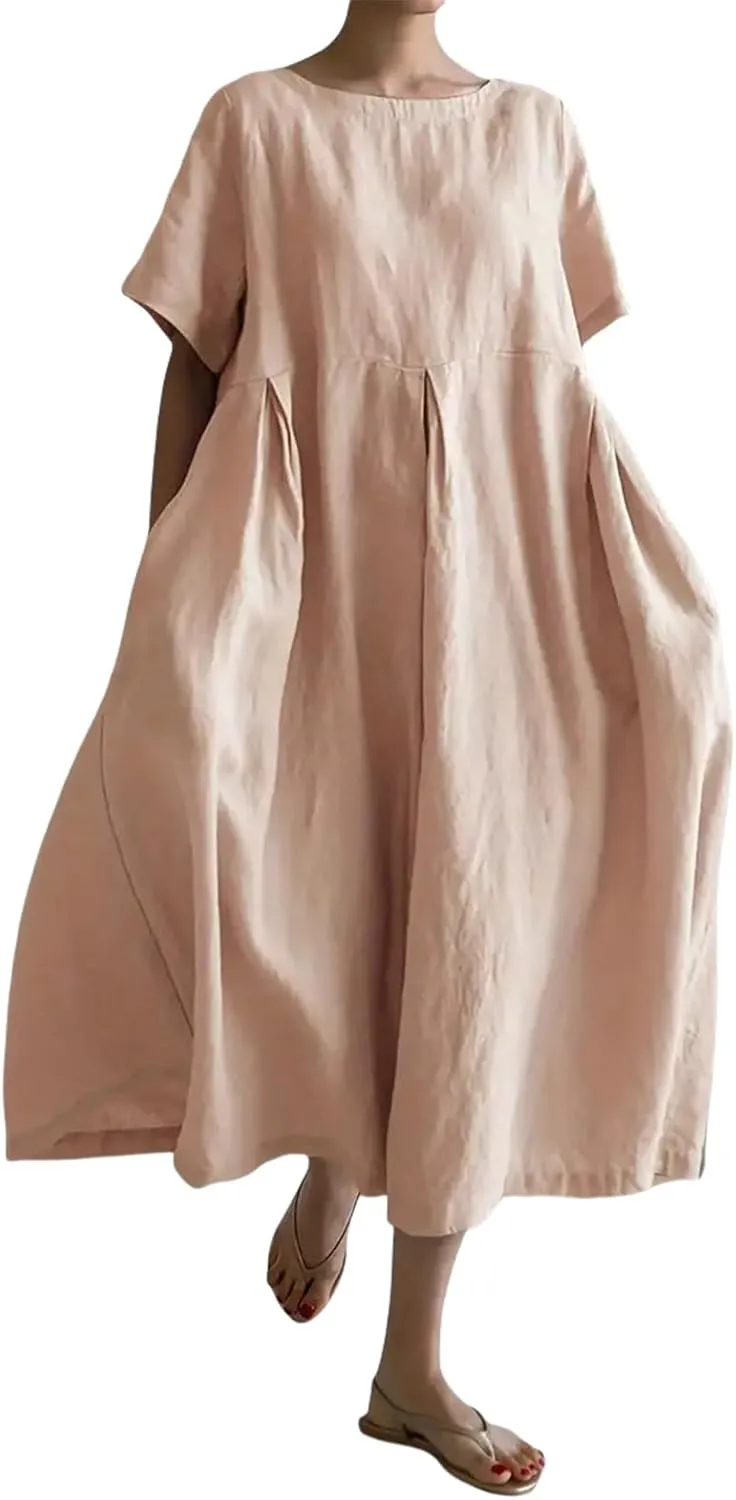 Women's Cotton Linen Dress Casual Crew Neck Short Sleeve Flowy Ruffle Hem Flowy Maxi Dress with Pockets
