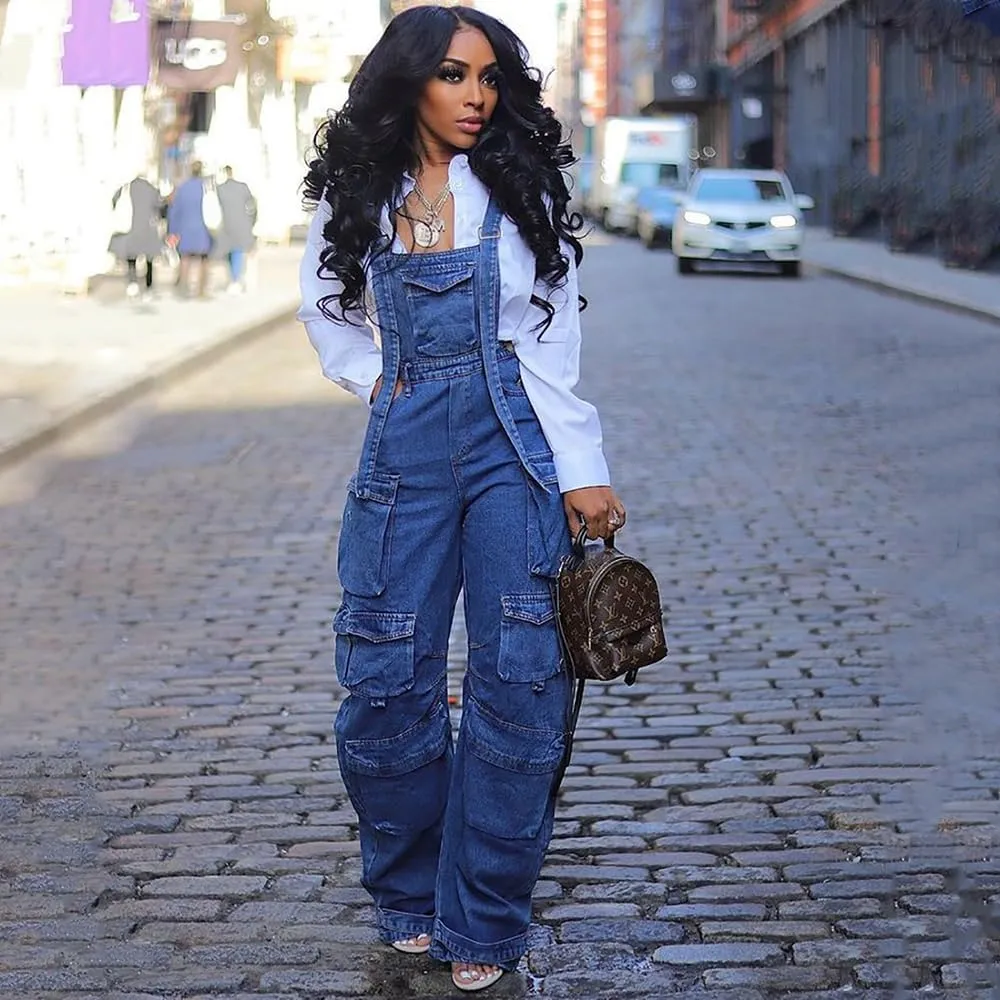 Women's Multi-Pocket Romper Stylish Denim Suspenders Baggy Suspenders Street Casual Jeans Plus Size Cargo Pants