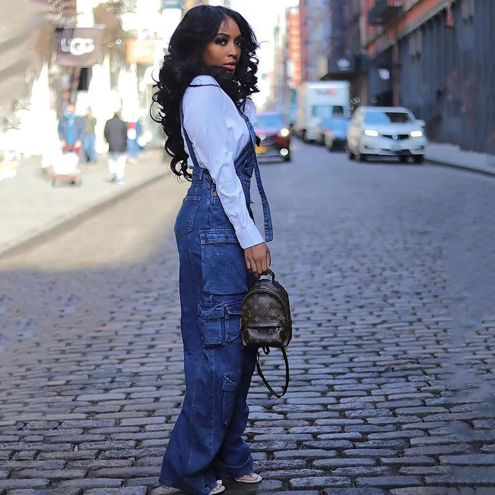 Women's Multi-Pocket Romper Stylish Denim Suspenders Baggy Suspenders Street Casual Jeans Plus Size Cargo Pants