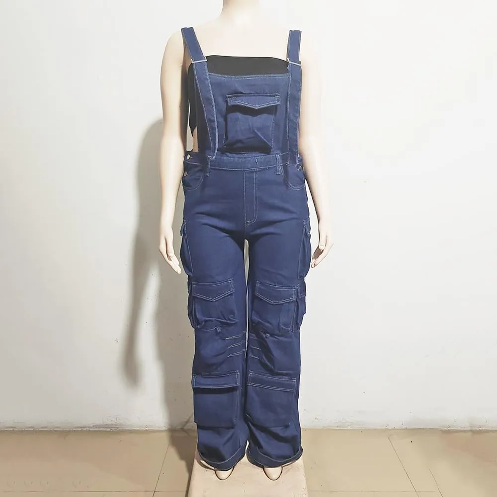 Women's Multi-Pocket Romper Stylish Denim Suspenders Baggy Suspenders Street Casual Jeans Plus Size Cargo Pants