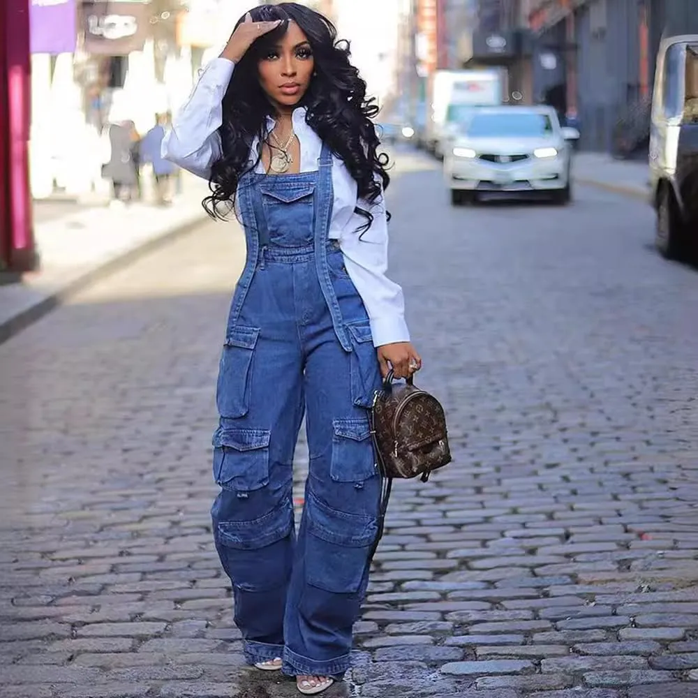 Women's Multi-Pocket Romper Stylish Denim Suspenders Baggy Suspenders Street Casual Jeans Plus Size Cargo Pants