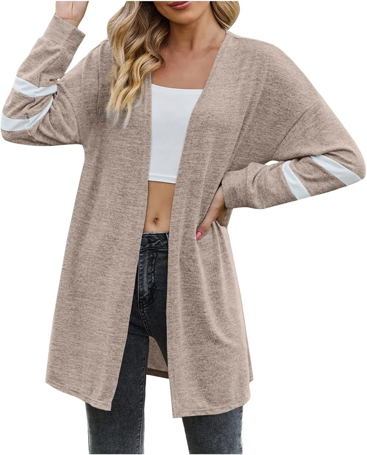 Womens Open Cardigan Sweaters Coat Comfy Lightweight Flannel Tunic Tops Fall Striped Long Sleeve Plus Size Sweatshirts